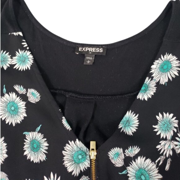 EXPRESS Womens V-Neck Sleeveless Black & Blue Floral Print Blouse Large - Picture 5 of 7